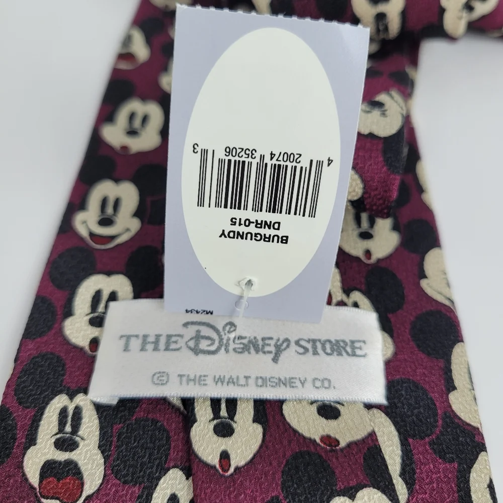 NEW Disney Store Vintage 100% Silk Mickey Mouse Face Burgundy Mens Neck Tie